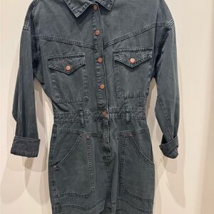 Casual Charcoal Button-Down Midi Dress